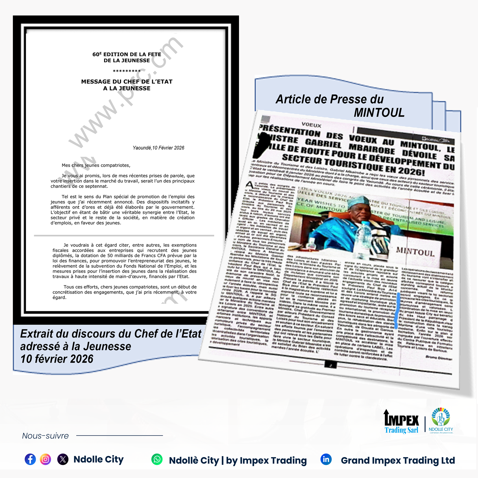 Extrait du discours du Chef de L'ETAT adressé a la jeunesse et article de presse du mintoul